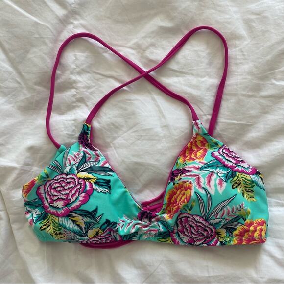 BECCA by Rebecca Virtue Green Floral Strappy Back Tassel Bikini Top Small NEW - Picture 1 of 8